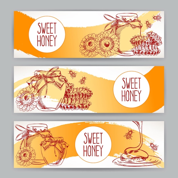 Stel af boom horizontale honing banners. potten honing, bijen, honingraat. handgetekende illustratie - 2