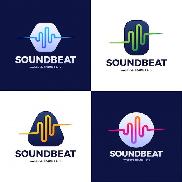 Stel Audio Sound Wave-logo sjabloon voorraadontwerp in. Lijn abstract muziektechnologie logo. Embleem met digitaal element, grafische signaalgolfvorm, curve, volume en equalizer. illustratie.