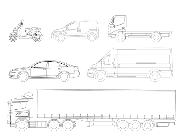 Vector stel auto's overzicht. logistiek transport. zijaanzicht vrachtwagenaanhangwagen, semi vrachtwagen, vrachtbezorging, bestelwagen, minivan en scooter. blanco vrachtwagens voor vrachtbezorging. geïsoleerd vrachtvoertuig op wit