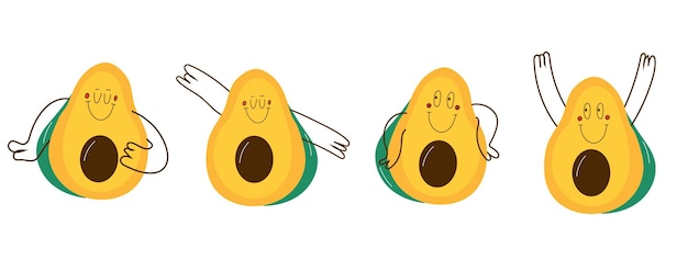 Stel avocado in met gezichtsemoties, handen en benen. handgetekende trendy vectorillustratie voor kinderen.