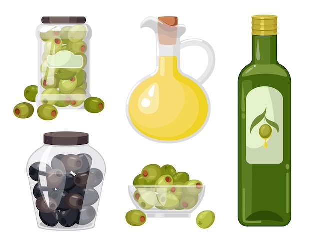 Vector stel biologische olijfproducten, groene en zwarte olijven in glazen potten, olie in fles of kruik, grieks rijp fruit en extra vierge mediterrane keukenproduct, geïsoleerd natuurlijk voedsel. vectorillustratie