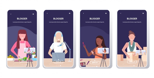 Stel bloggers in die online video-vloggers opnemen die livestreaming uitzenden sociale media-netwerken bloggen concept smartphone-schermen collectie horizontaal