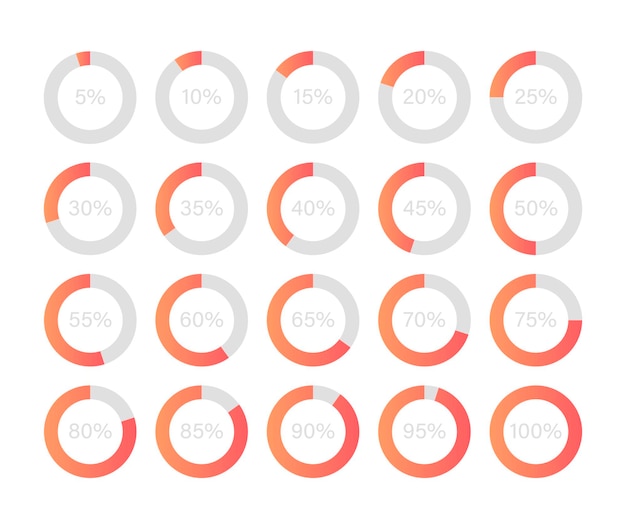 Stel cirkeldiagram in voor infographic. Vector platte sjabloon. Omcirkel grafieken van 5 tot 100 procent