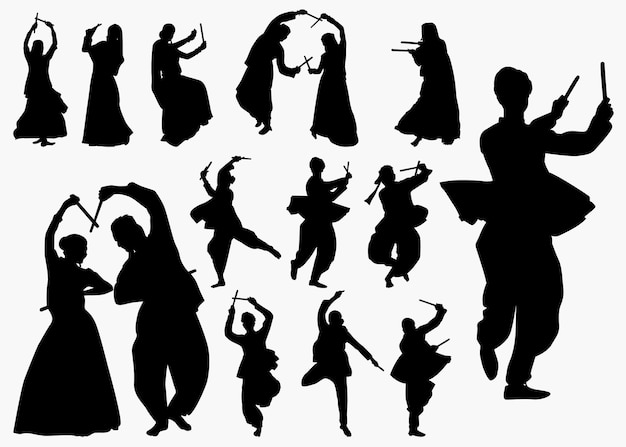 Stel Dandiya danseres vector silhouet in