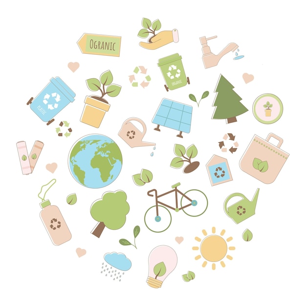 Stel duurzame iconen cirkelvorm associaties duurzame ontwikkeling aardedag en wereldmilieudag duurzaam ecologie concept