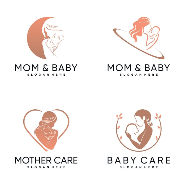 Stel een bundel inspiratie voor het ontwerpen van logo's voor moeder en baby in met creatief concept premium vector