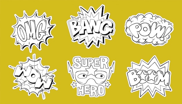 Vector stel een verzameling emoties comics-stijl explosie belettering omg, boom, bang, pow, wow cartoon doodle illustratie voor print ontwerp.