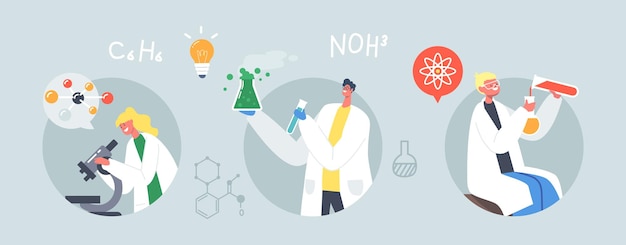 Stel experiment in scheikundeklasse in. schoolkinderen met microscoop en reageerbuis, leraar met beker met reagensvloeistof. personages over lesgedrag chemisch onderzoek. cartoon vectorillustratie