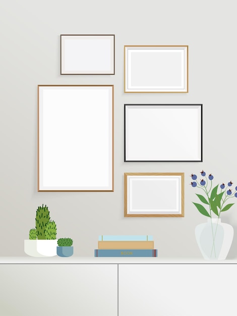 Stel frames in een interieur met boeken, cactussen en bloemen Vectorillustratie met mock-up frames