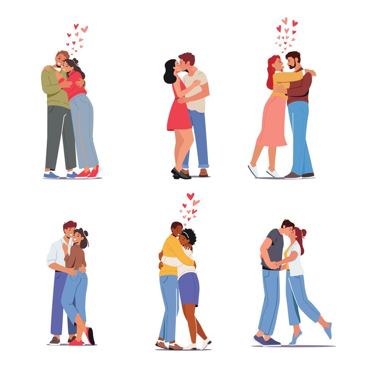 Vector stel gelukkige mannen en vrouwen zoenen en knuffelen verliefde stellen romantische relaties concept mannelijke vrouwelijke liefhebbers