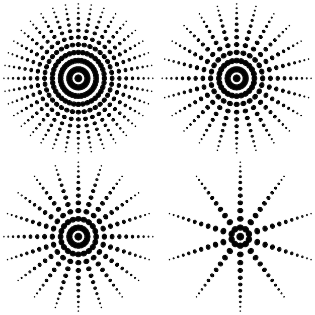 Vector stel halftone zonnestralen in op pop-artcomposities