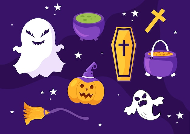 Stel Halloween-elementen vectorillustratie in met verschillende soorten dingen zoals geesten, pompoenen, schedels, snoepjes en meer cartoonachtergrondsjablonen