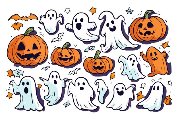 Stel halloween vector illustraties geesten en pompoenen met vleermuizen op witte achtergrond schets