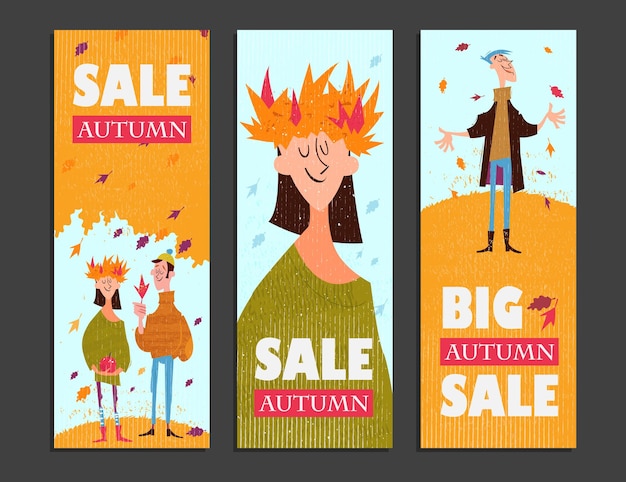 Stel herfst verticale verkoopbanners in met stripfiguur