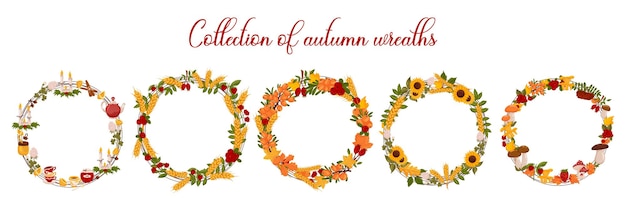 Stel herfstkransen in met bessen, zonnebloemen, paddenstoelen en herfstbladeren, elementen voor theekransje met ruimte voor tekst Vectorillustratie geïsoleerde witte achtergrond