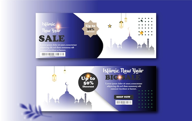 Stel islamitisch nieuwjaar coupon promoties labels in voor winkels vector banner sjabloonontwerp