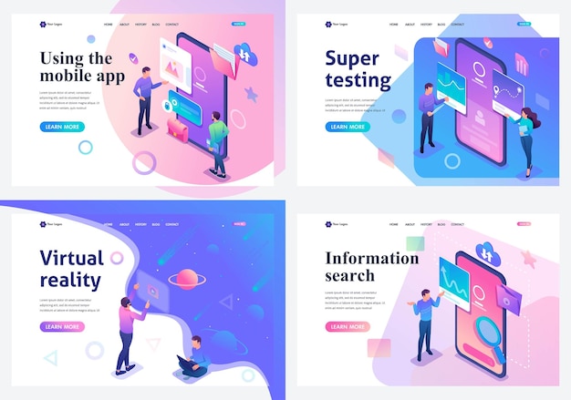 Stel isometrische bestemmingspagina's een concept in met jonge tieners die op een tablet en op een mobiel telefoonscherm werken Voor website- en mobiele website-ontwikkeling