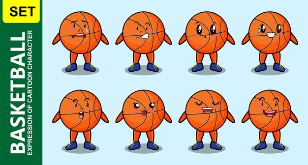 Stel kawaii basketbal stripfiguur in met verschillende uitdrukkingen van cartoongezichtillustraties