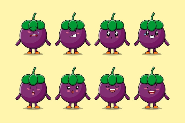 Stel kawaii mangosteen cartoon met uitdrukkingen in