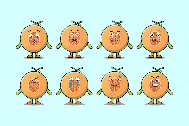 Stel kawaii meloen stripfiguur in met verschillende uitdrukkingen cartoon gezicht vectorillustraties