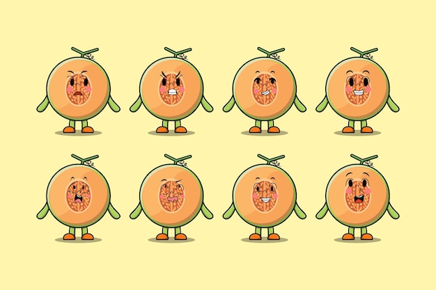 Stel kawaii meloen stripfiguur in met verschillende uitdrukkingen cartoon gezicht vectorillustraties