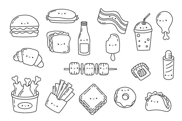 Stel kawaii sticker fastfood kleurplaat collectie schattig kawaii fastfood illustraties overzicht