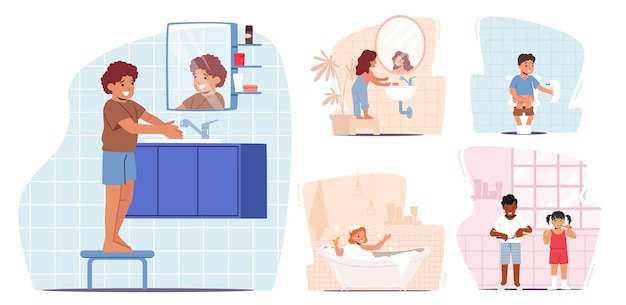 Stel kinderen in bad, handen wassen, poepen in toilet, tanden poetsen. Kinderen Karakters Ochtend of avond dagelijkse routine. Kind in badkamer, tandheelkunde en gezondheidszorg. Cartoon mensen vectorillustratie