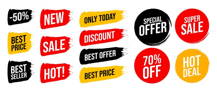 Stel kortingslabel in met reclametekst op penseelstreep en cirkel in verschillende kleuren. Vector illustratie. Speciale aanbieding de beste prijs alleen vandaag, super verkoop, hot deal teken geïsoleerd op wit.
