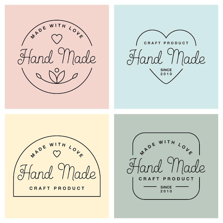 Vector stel labels of logo's in met handgemaakte belettering. platte vectorillustraties. moderne en stijlvolle badges in verschillende vormen. dunne lijn inscriptie handgemaakt, met liefde gemaakt, ambachtelijk product op pastelkleuren.