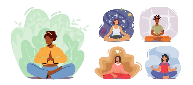 Stel life harmony, yoga meditatie in. multiraciale vrouwen mediteren, ontspannen vrouwelijke personages zitten in lotus pose. ontspanning lifestyle, emotioneel evenwicht, geïsoleerde cartoon mensen vector illustratie