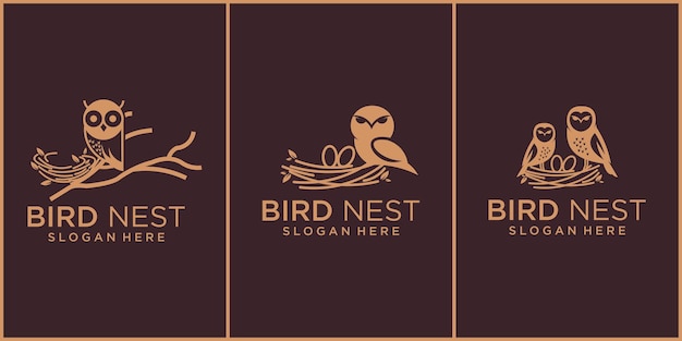 Stel lijnillustratie in van natuurlijk vogelnestpictogramlogo met prachtige wortels en bladerensymbolen