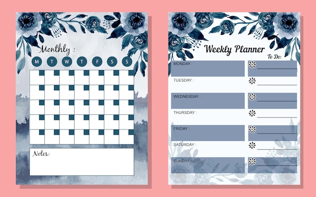 Vector stel maandelijkse en wekelijkse planner in met waterverfbloem