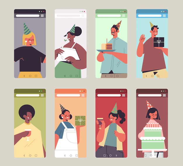 Stel mix race mensen in feestelijke hoeden vieren online verjaardagsfeestje gelukkige mannen vrouwen in smartphone