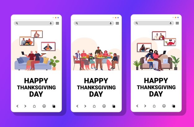 Stel mix race mensen vieren happy thanksgiving day familie bespreken tijdens video-oproep concept smartphone schermen collectie