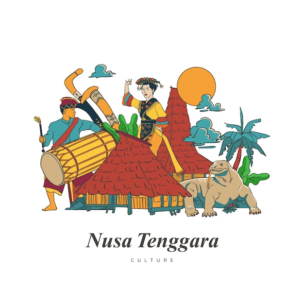 Stel nusa tenggara-cultuur en oriëntatiepuntillustratie in. hand getrokken indonesische culturen achtergrond