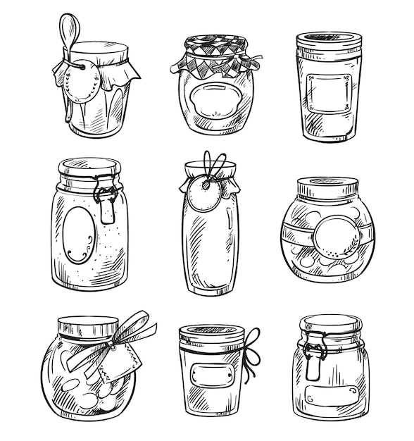 Stel od handgetekende mason jars met jam, vectorillustratie