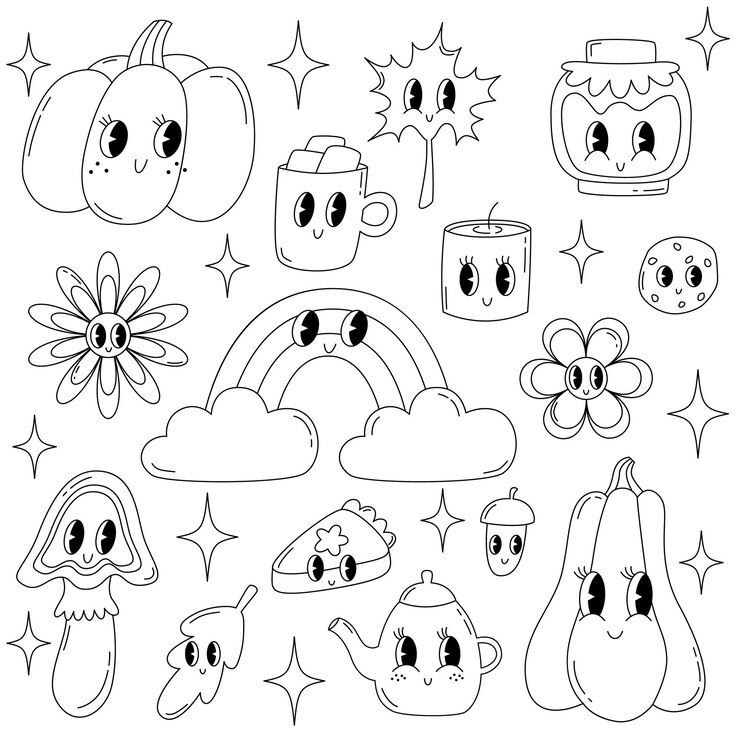 Stel outline herfst schattige groovy elementen 70s80s stijl pompoen bloemen paddenstoel regenboog pompoen taart cacao beker koekjes blad theepot jam en kaars