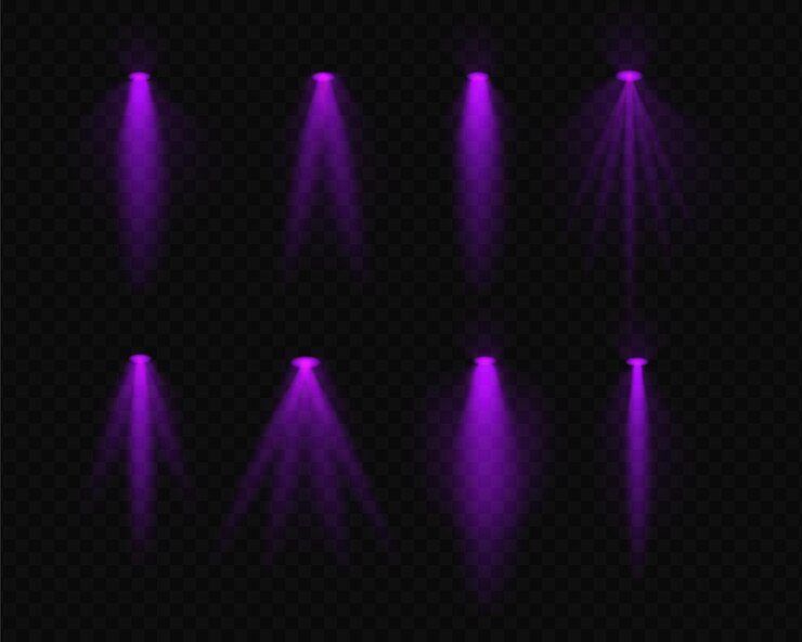 Vector stel paarse realistische schijnwerpers in die lijken op bovenkantlampen en projectorlichten met zachte gloed en lichtstralen op een doorzichtige achtergrond ideaal voor belichting en decoratieve effecten