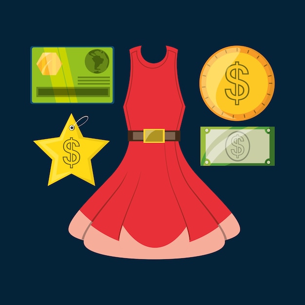 Vector stel pictogram jurk creditcard en contant geld winkelen concept