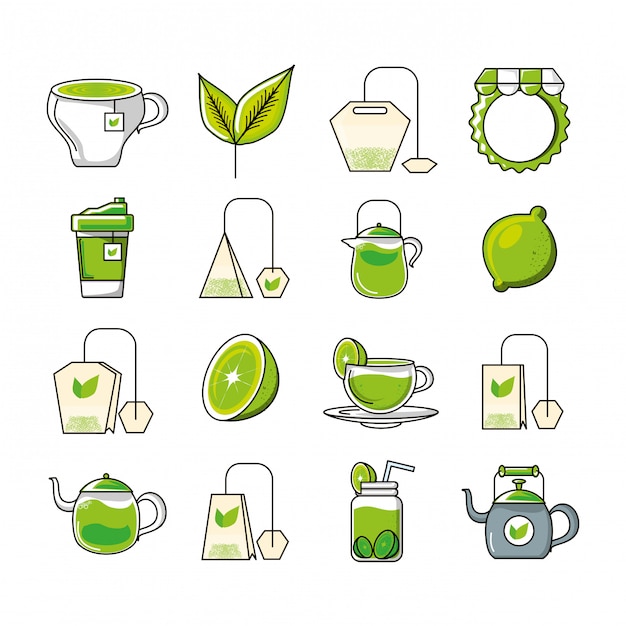 Stel pictogrammen met thee en gereedschap keuken