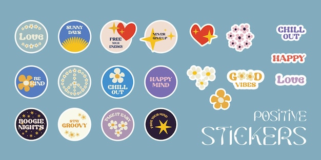 Stel Positive Stickers in Groovy retro stijl