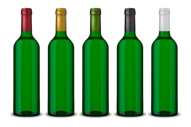 Stel realistische groene flessen wijn zonder labels geïsoleerd