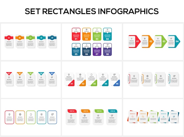 Stel rechthoeken infographics in met 4 5 8 stappen opties onderdelen of processen Bedrijfsgegevens visualisatie