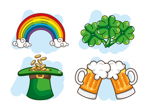 Stel regenboog met munten in st patrick hoed en bier