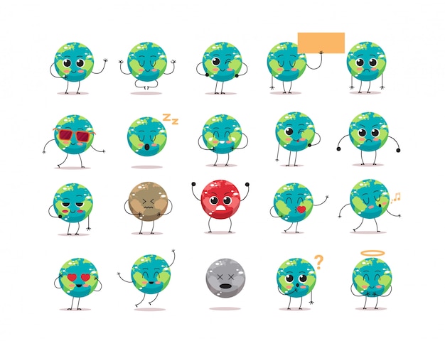 Stel schattige aarde karakters met verschillende emoties cartoon mascotte globe personages collectie opslaan planeet concept geïsoleerd