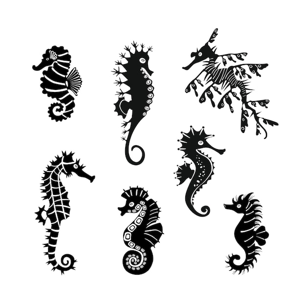 Stel schattige zeepaardjes pictogrammen. Zwarte zeepaardjes met ander silhouet op witte achtergrond. Voor feestelijke kaart, logo, kinderen, patroon, tatoeage, decoratief, creatief concept. Vector illustratie.