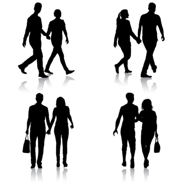 Stel silhouet man en vrouw hand in hand lopen