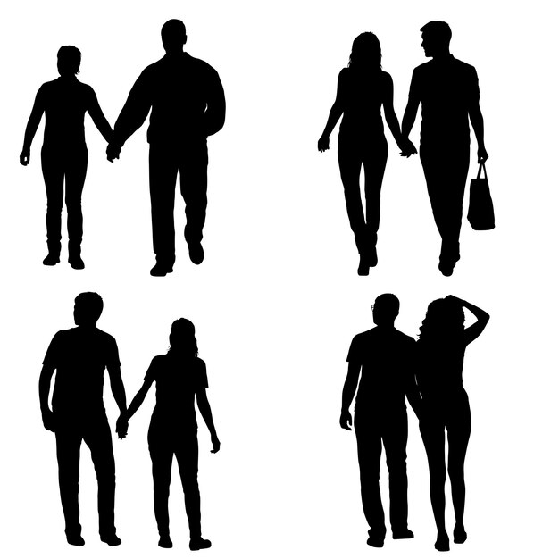 Stel silhouet man en vrouw hand in hand lopen