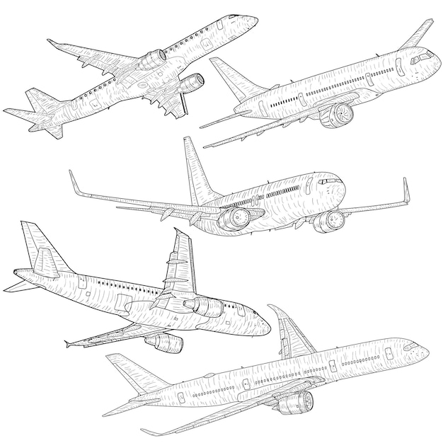 Stel silhouet passagiersvliegtuigen op een witte achtergrond