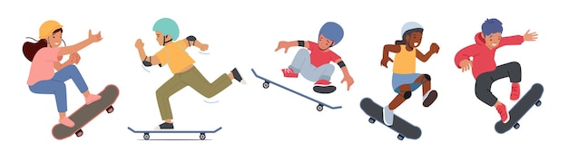 Stel skateboardactiviteit voor jongens en meisjes in kinderen schaatsen op longboard jump en maak stunts en trucs op skateboard